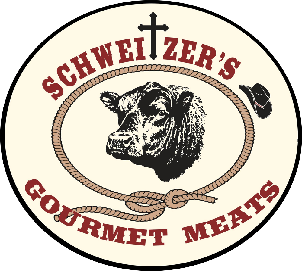 Logo Logo of Schweitzer's Gourmet Meats featuring a detailed illustration of a cow's head, surrounded by a rope design and topped with a cross and cowboy hat, emphasizing quality meat products.